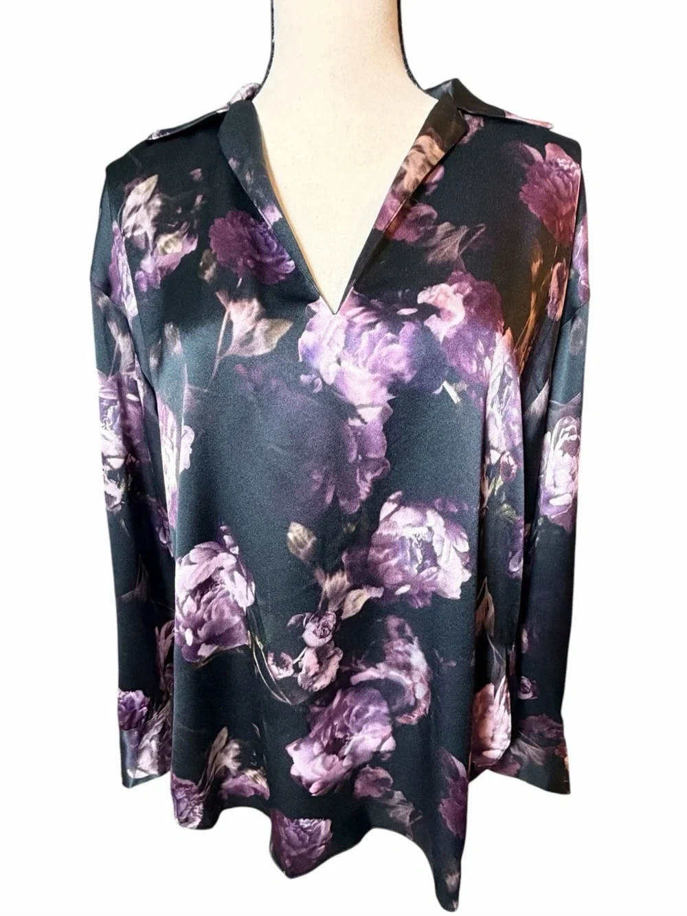 Vince Night Garden 100% Silk Popover Blouse Purple Floral Lapel Collar Size SM